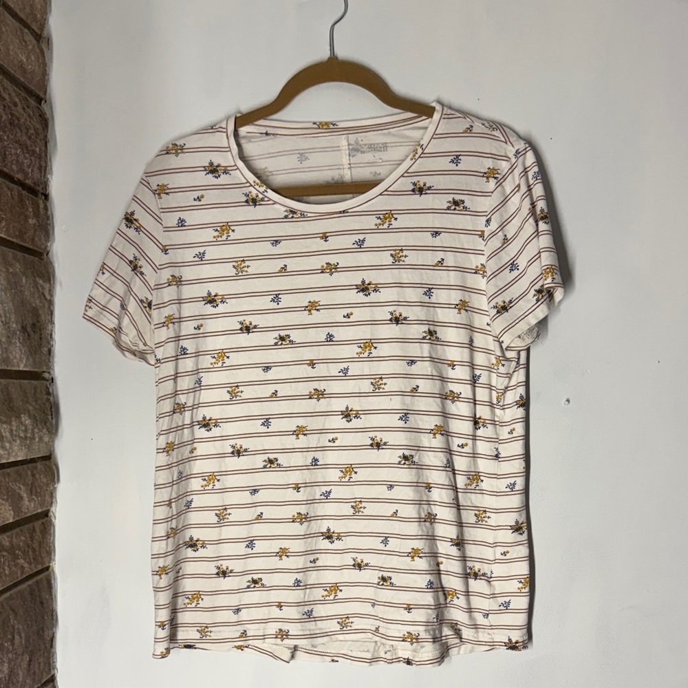 Duluth Trading Co Cream Striped Floral Tee